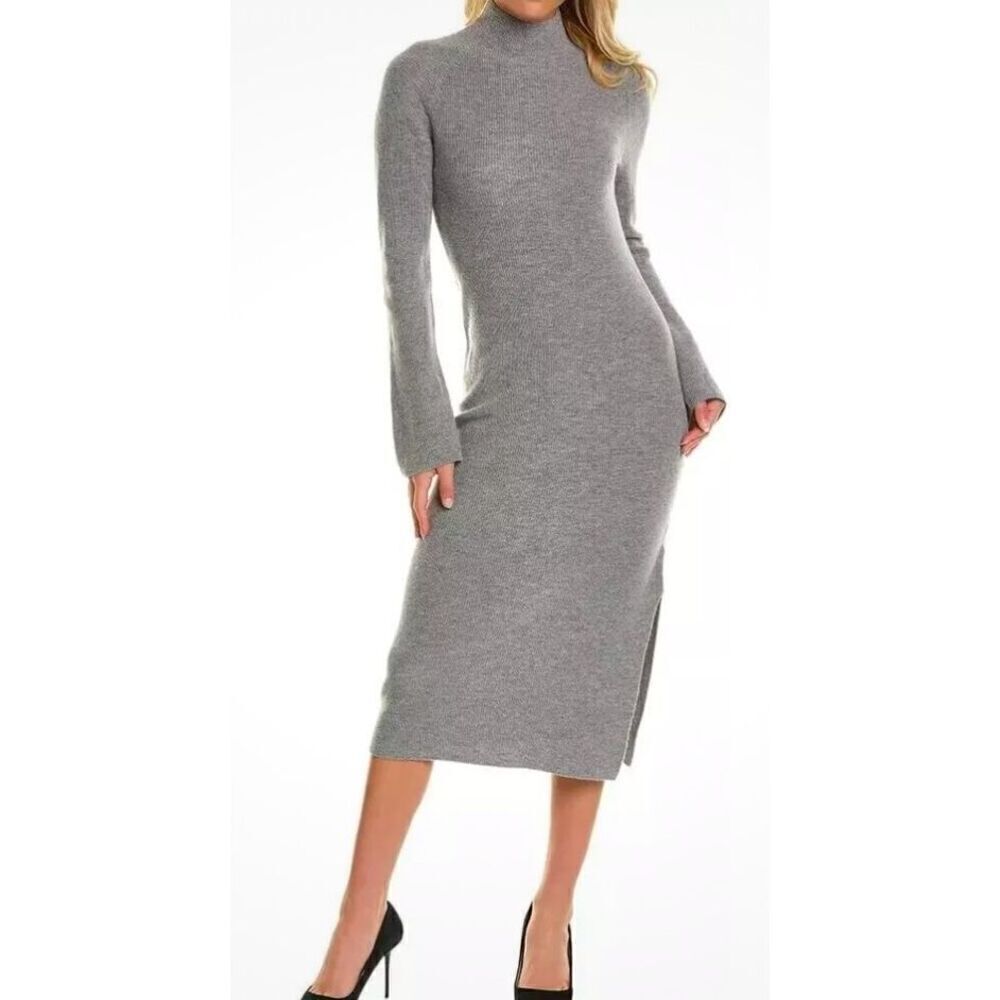 Theory Wool & Cashmere Ribbed Turtleneck MIDI Dress in Grey NWT Size Petite